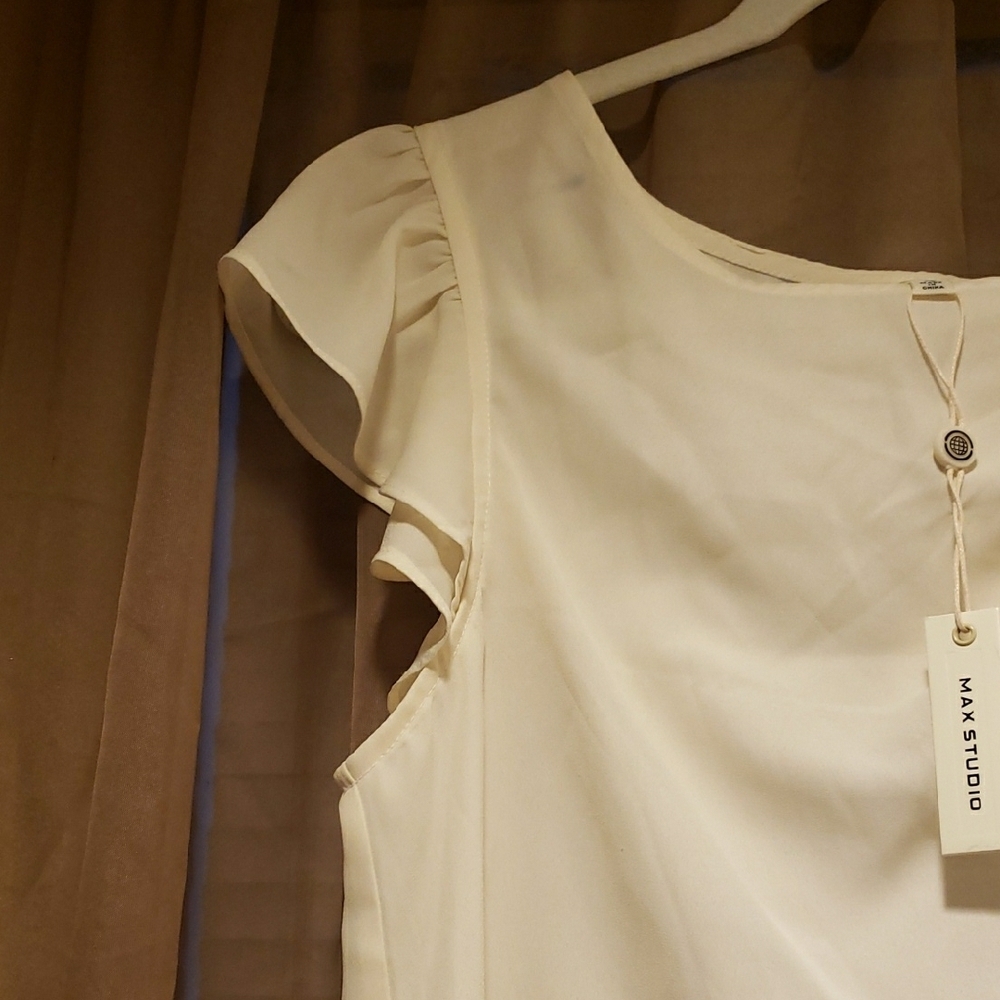 MAX STUDIO Cream Flutter Sleeve Blouse with Ruffled Tie Front SIZE M - Picture 3 of 5